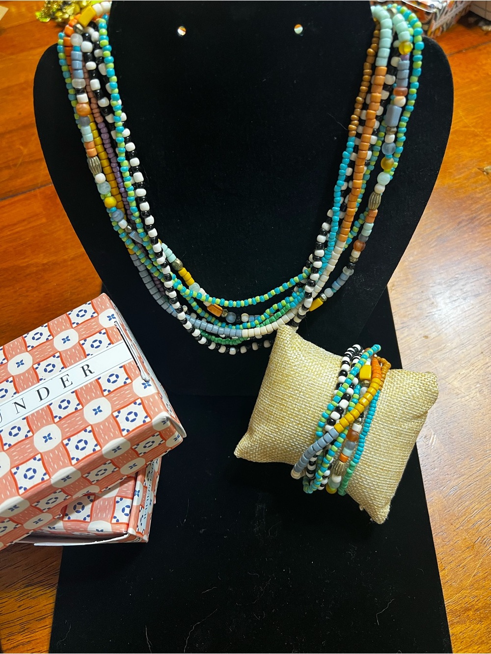 Multistrand Beaded Necklace and Bracelet Set - Turquoise, Yellow, Black, White